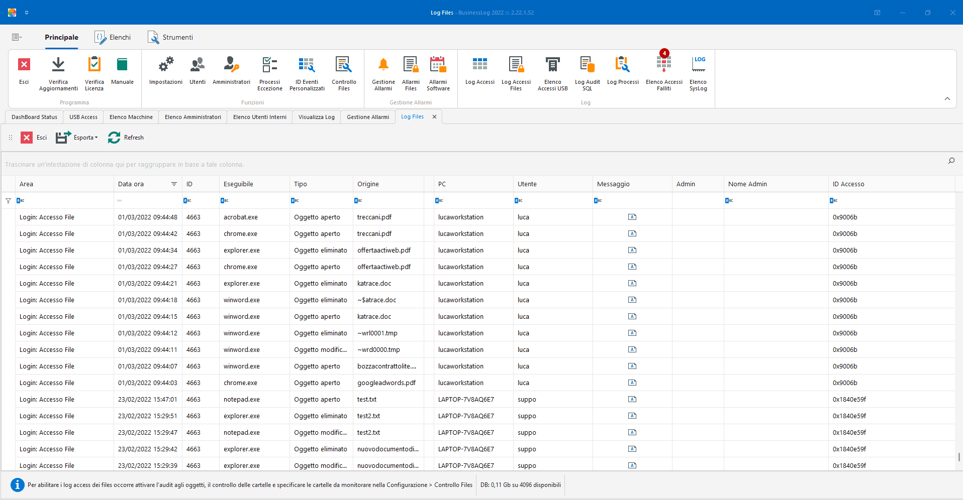 Screenshot di Business LOG - Attività sui Files