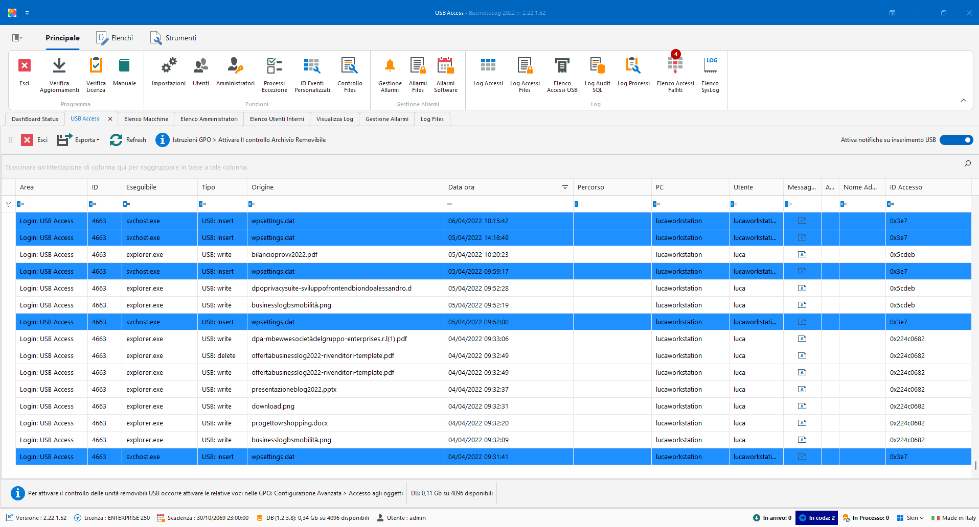 Screenshot di Business LOG - Log accessi USB