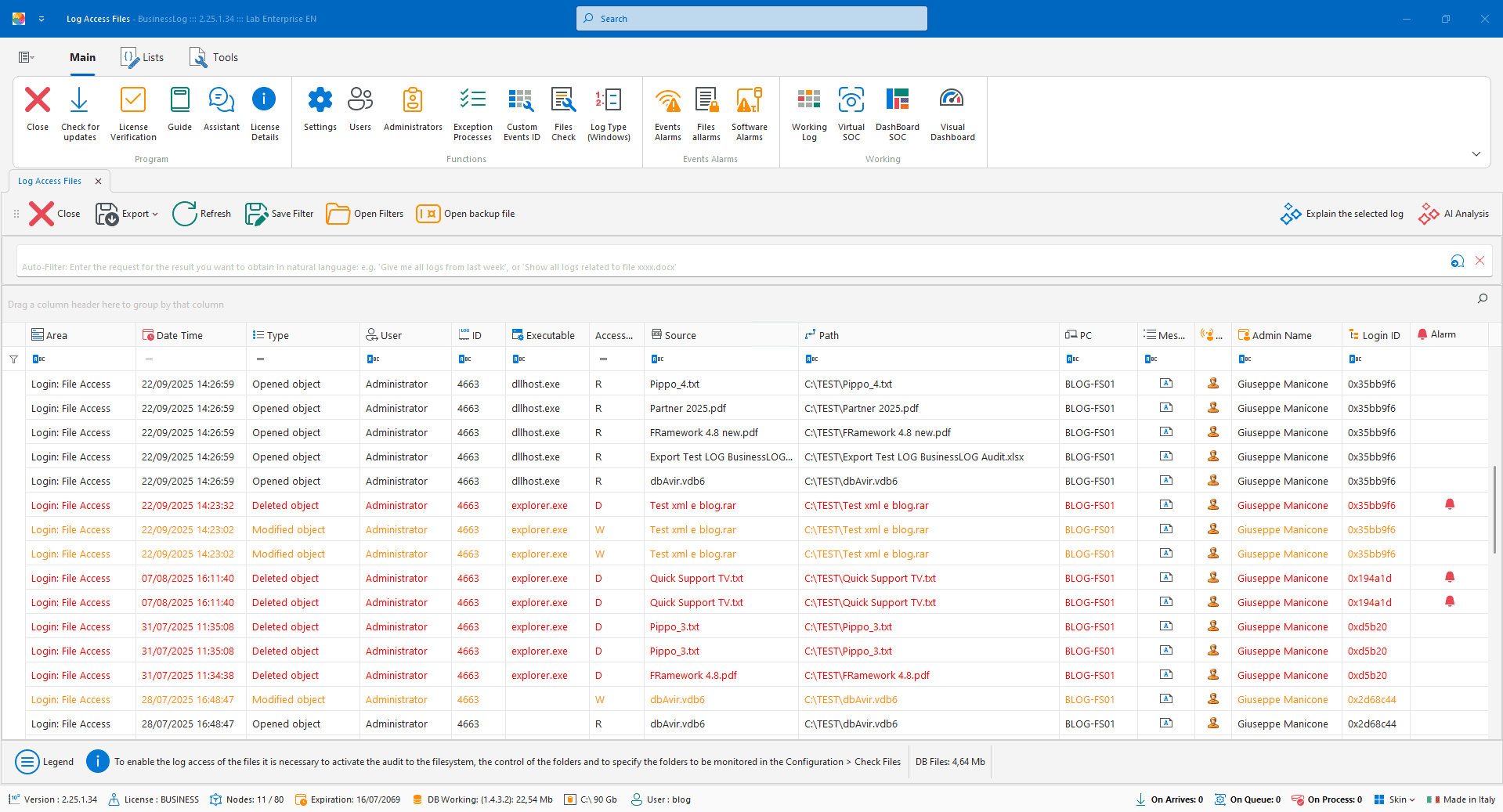 Activity on files and folders