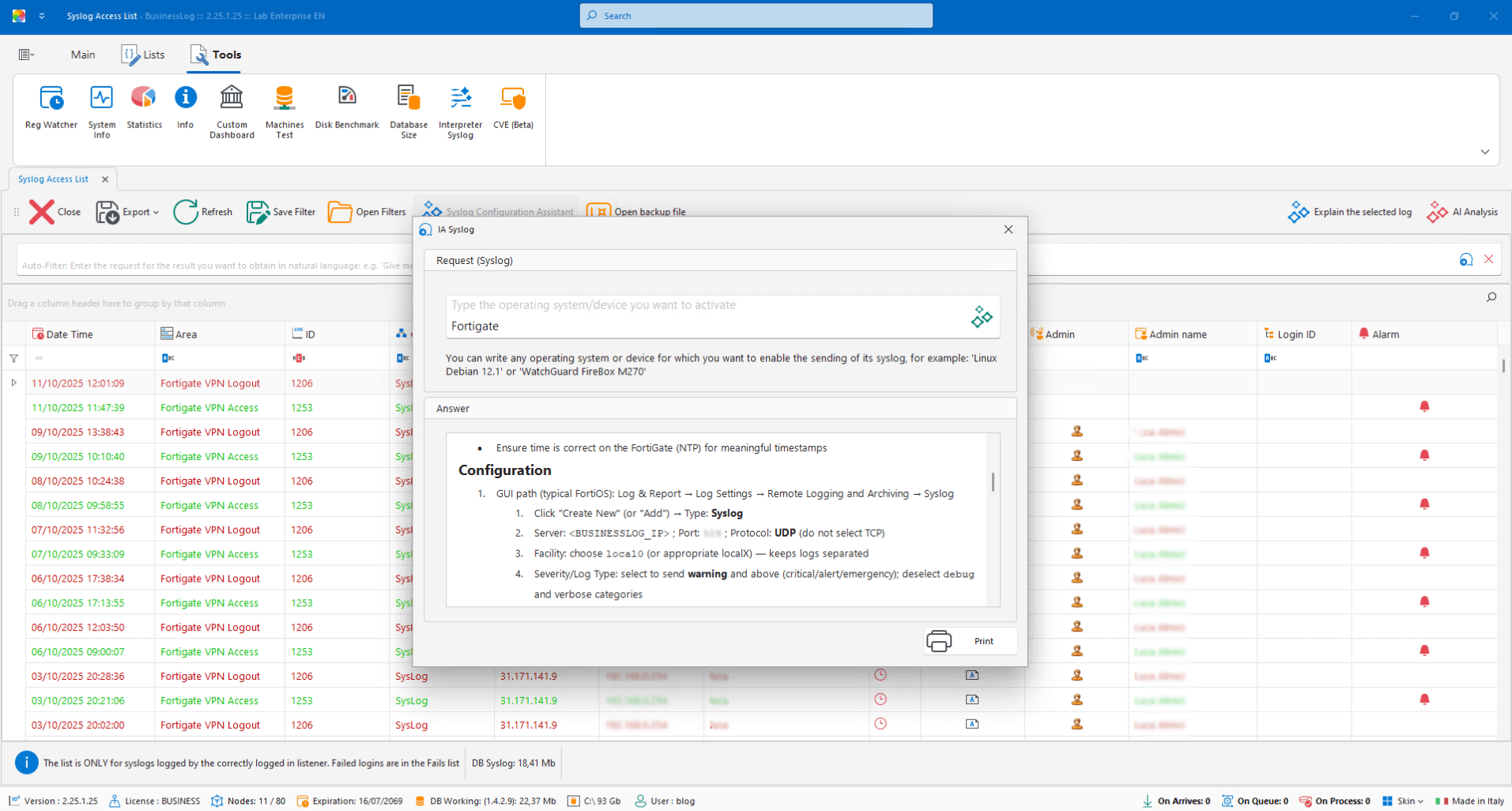 Syslog configuration with AI