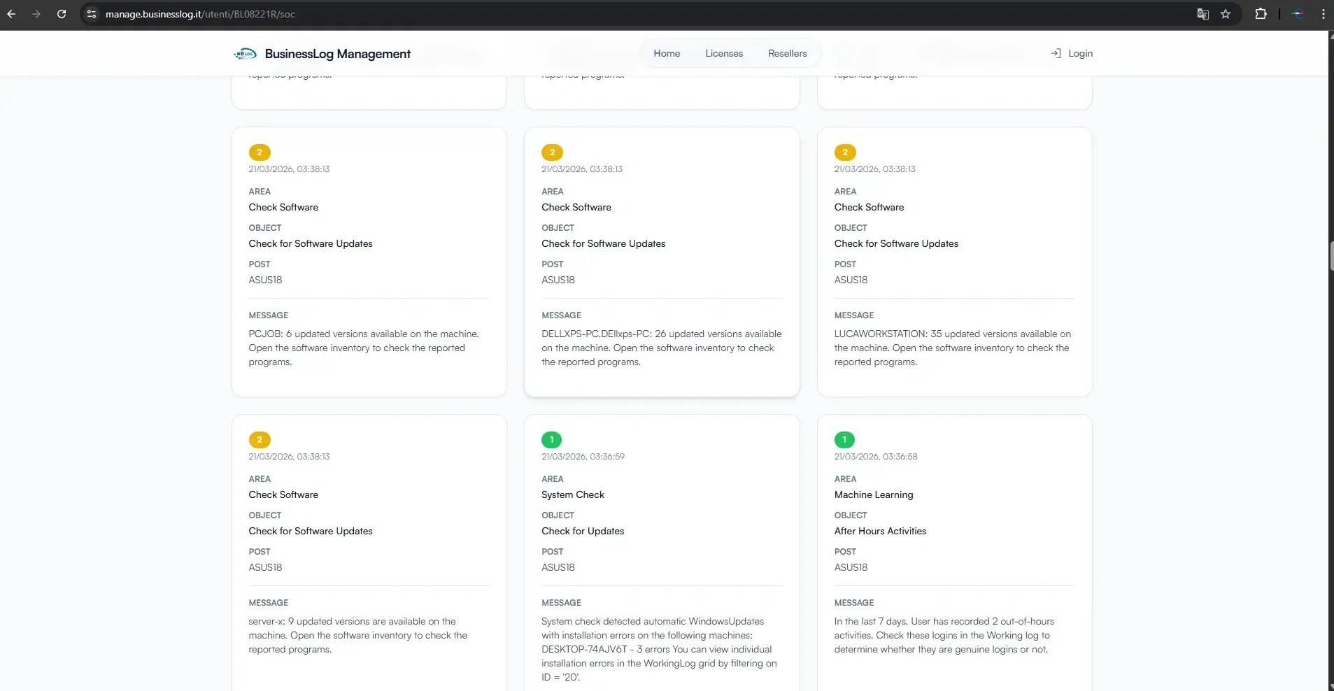 Managed SOC cloud dashboard showing security alerts and messages for MSPs