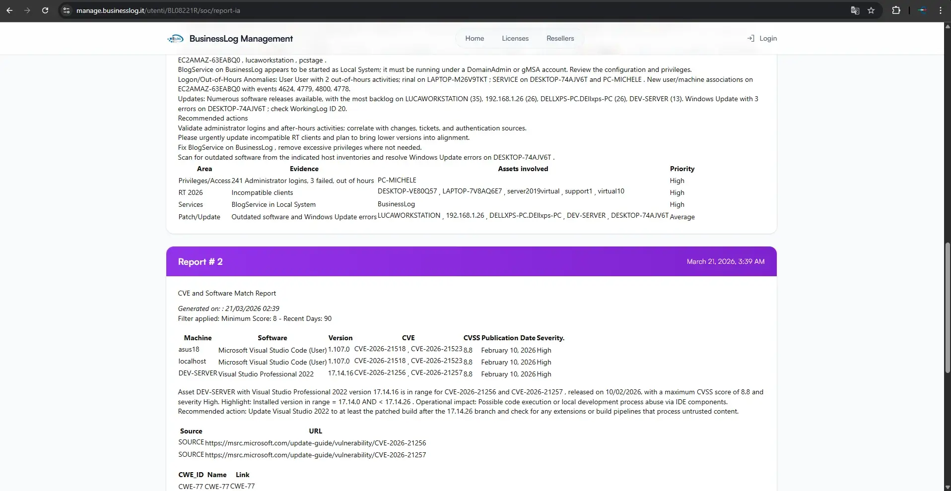 AI-generated security report with CVE matching and vulnerability analysis