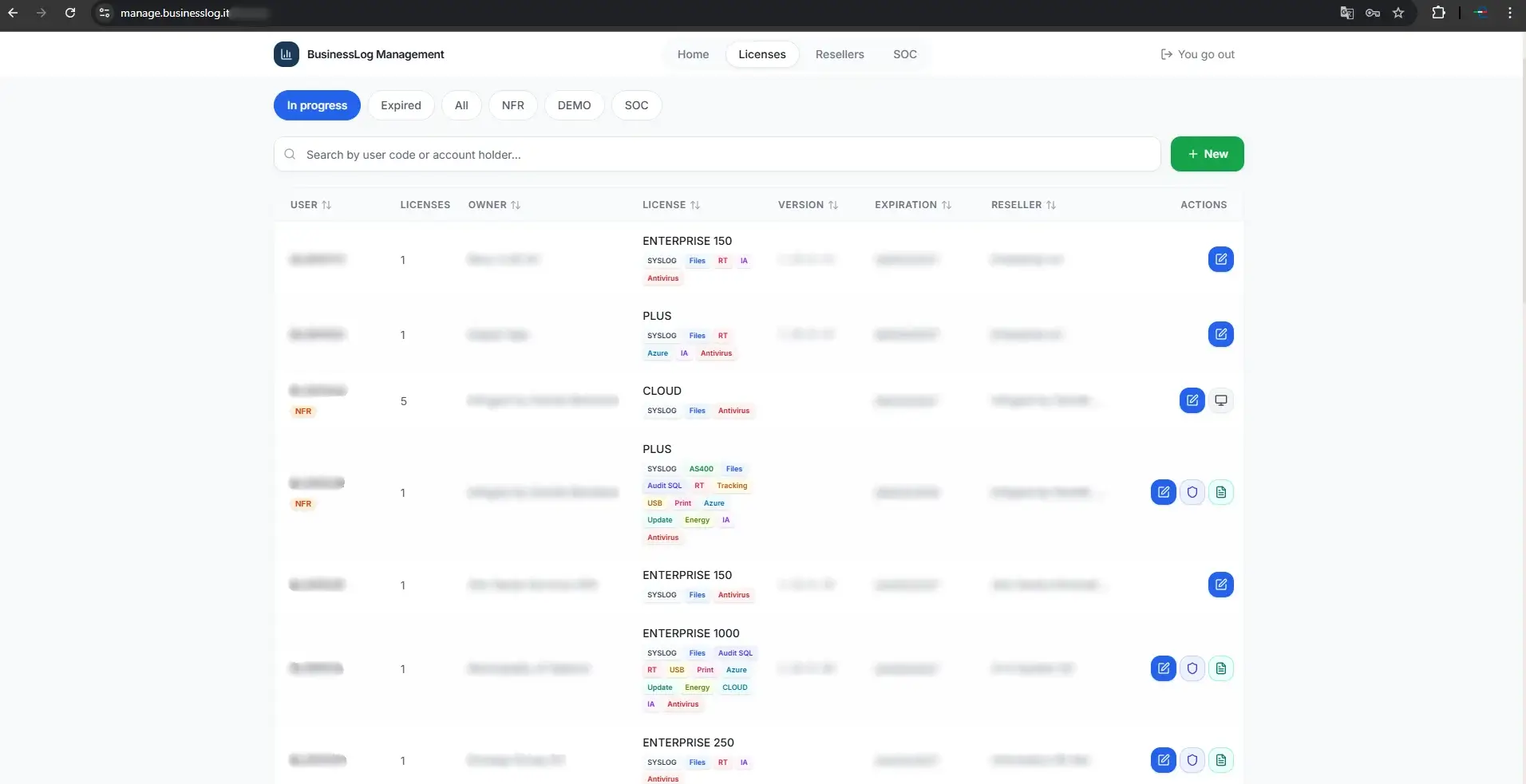 License management dashboard showing multi-customer license table with user codes, license types, versions, and expiration dates