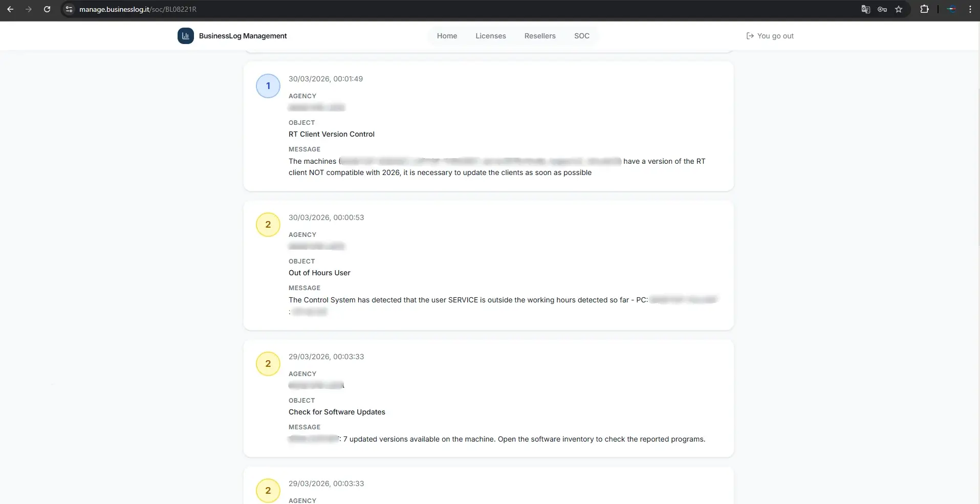 BusinessLOG SOC alerts list showing real-time notifications with severity levels for RT Client Version Control and Out of Hours User events