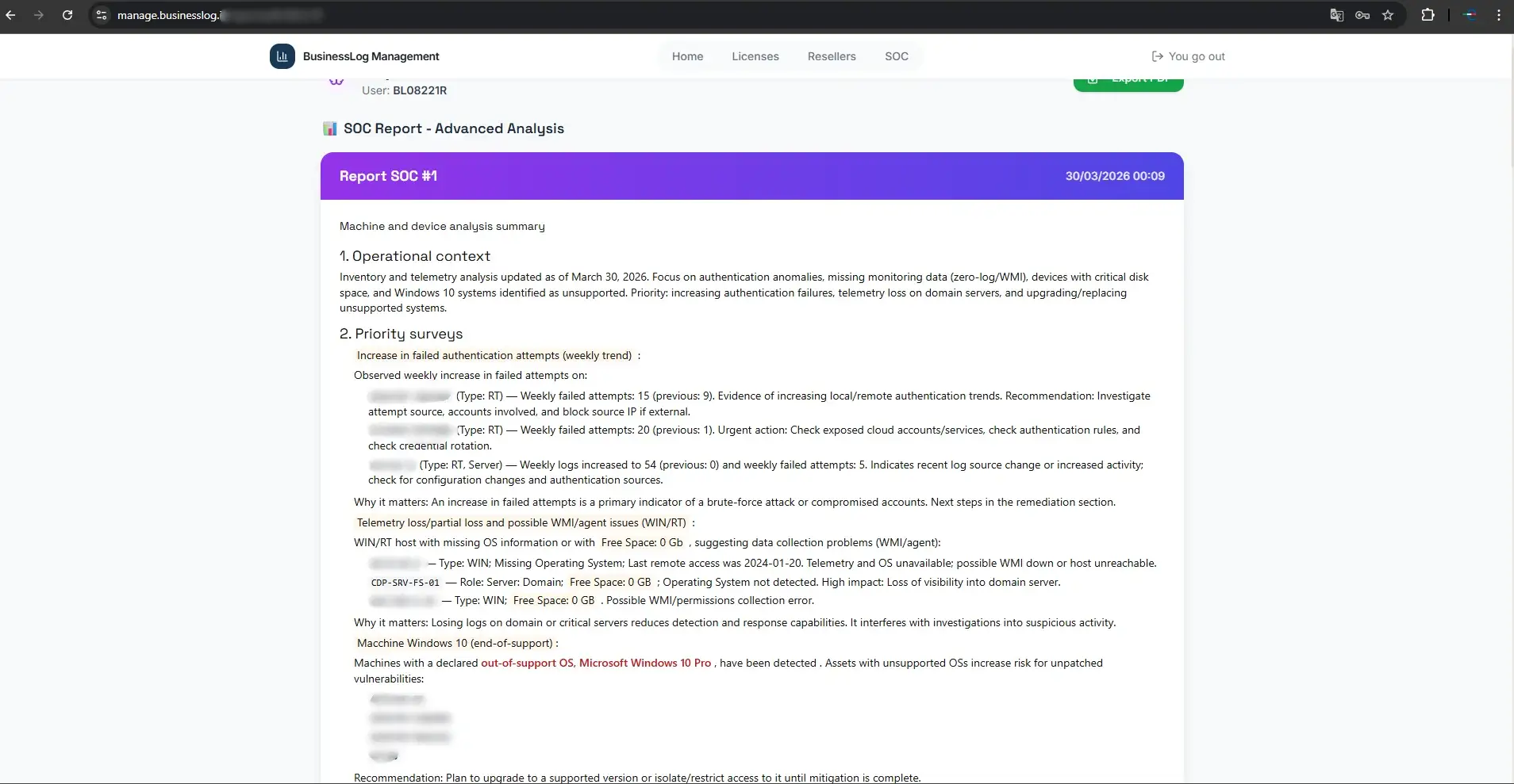 AI-generated SOC Report with advanced security analysis including operational context, priority surveys, and failed authentication trends