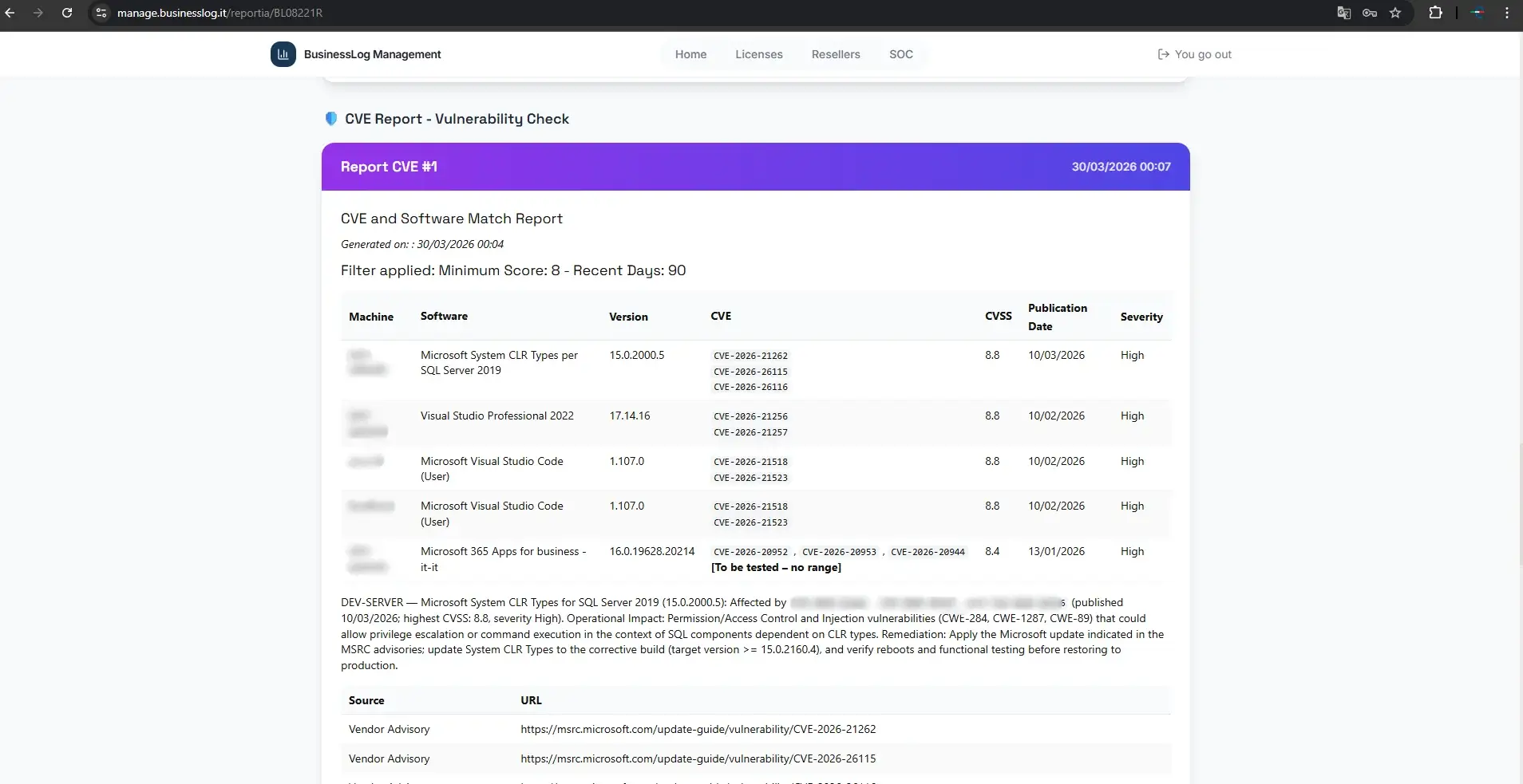 CVE Report with vulnerability check showing CVE and Software Match table with CVSS scores and severity ratings