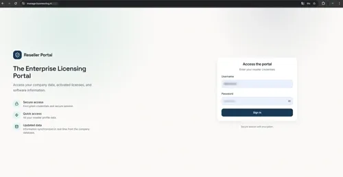 BusinessLOG Reseller Portal secure login page with encrypted credential authentication