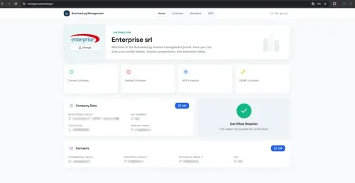 Reseller home dashboard with company profile, license status cards, company data, and Certified Reseller badge
