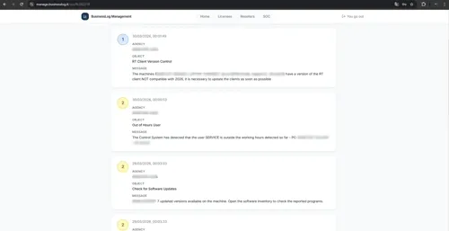 BusinessLOG SOC alerts list showing real-time notifications with severity levels for RT Client Version Control and Out of Hours User events