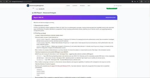 AI-generated SOC Report with advanced security analysis including operational context, priority surveys, and failed authentication trends