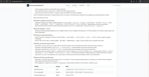 Security and SOC Summary report with software update findings, identity access anomalies, and Password Policy analysis